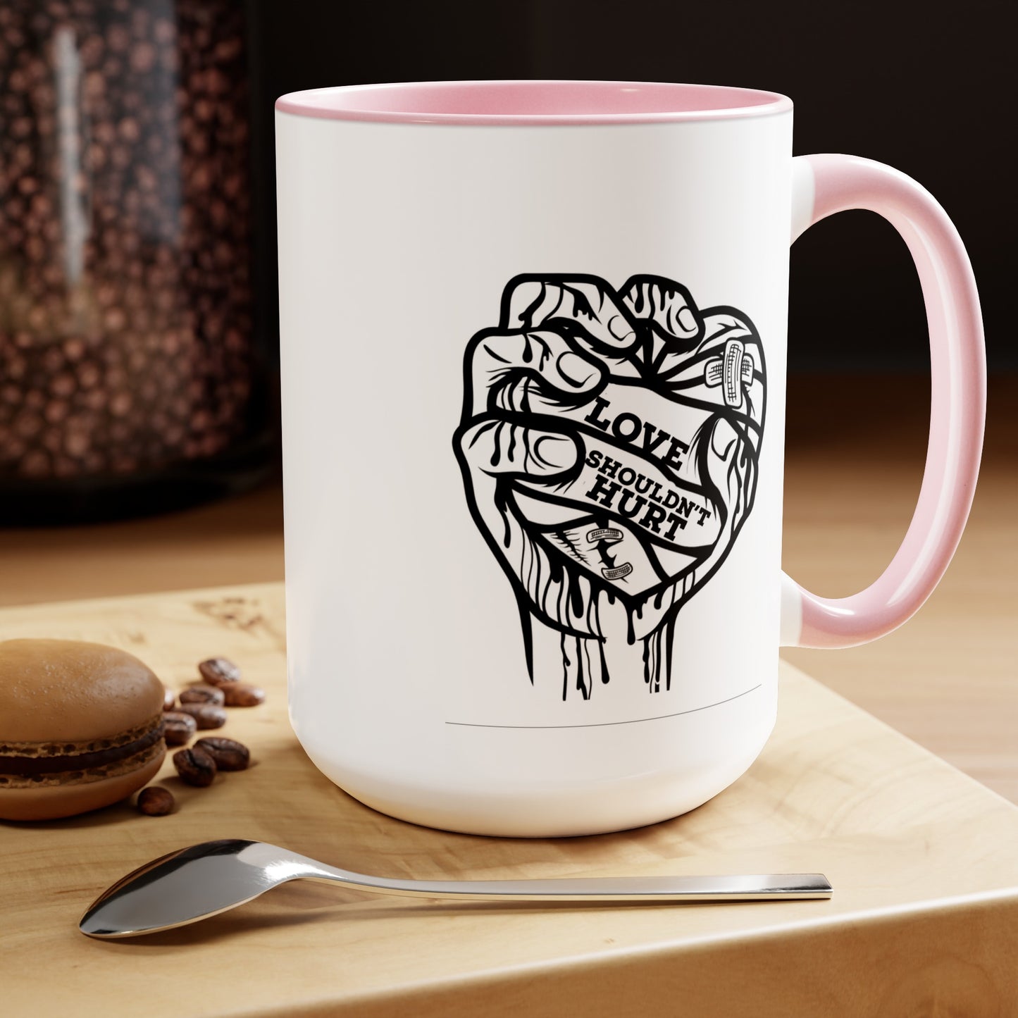 Love Shouldn't Hurt Two-Tone Coffee Mugs, 15oz